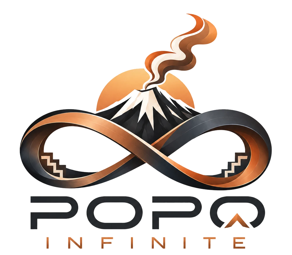 Logotipo de POPO INFINITE: el volcán Popocatépetl sobre un infinito con grecas